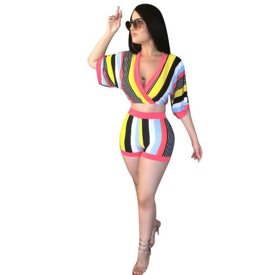 Vivid Allure: Women's Sexy 2-Piece Colorful Bodycon Stripe Shorts Set