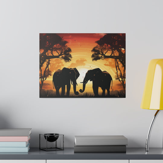 Kissing Elephants at Sunset Canvas Art – Majestic Love in the Wild