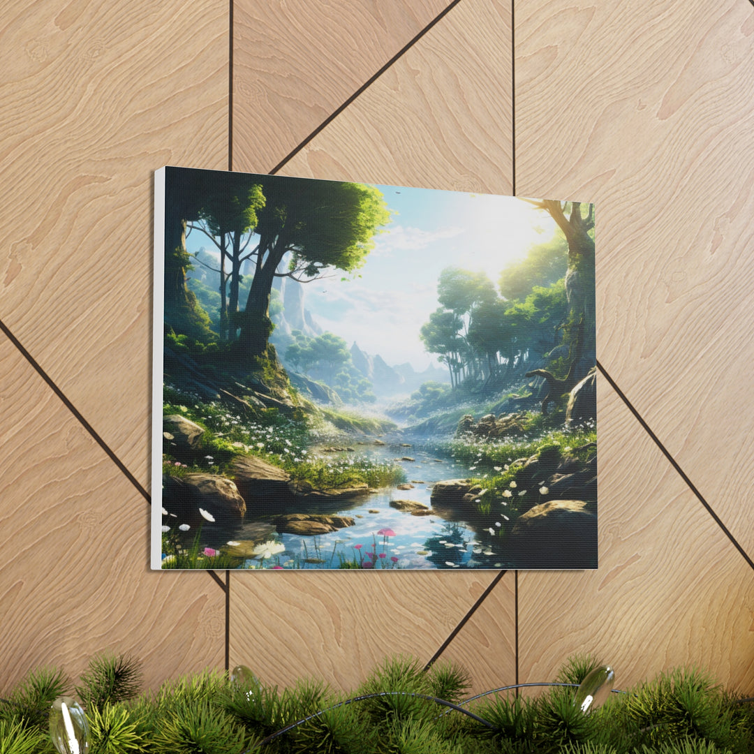 Tranquil River Escape: Stunning Green Trees & Mountain Canvas Art