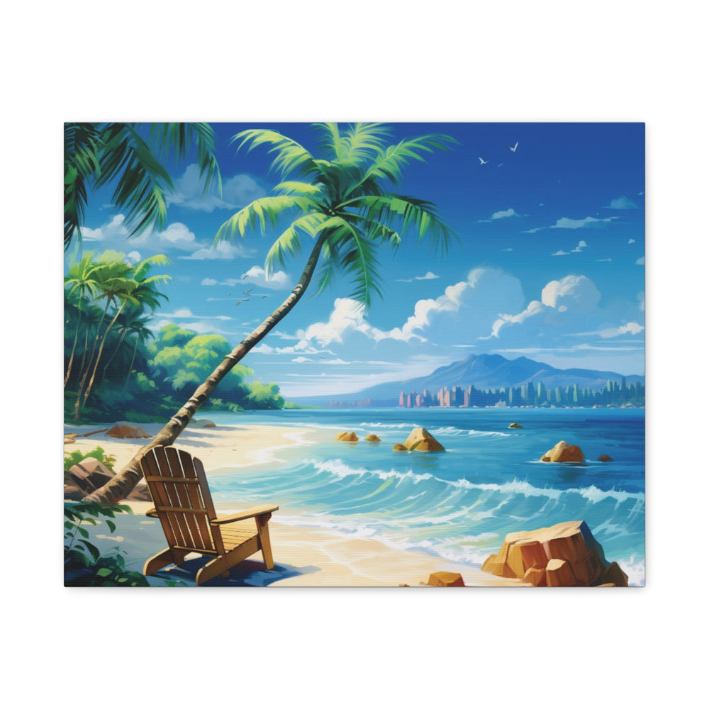 Serenity Shores: Palm Tree & Rocking Chair Canvas Art - Relaxation by the Waves