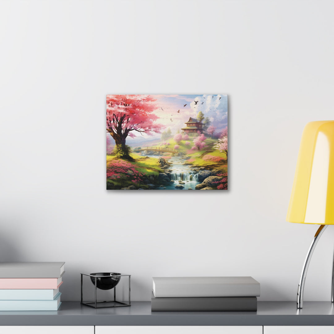 Serenity River Canvas Art – Pink Blossom Tree and Hilltop Retreat