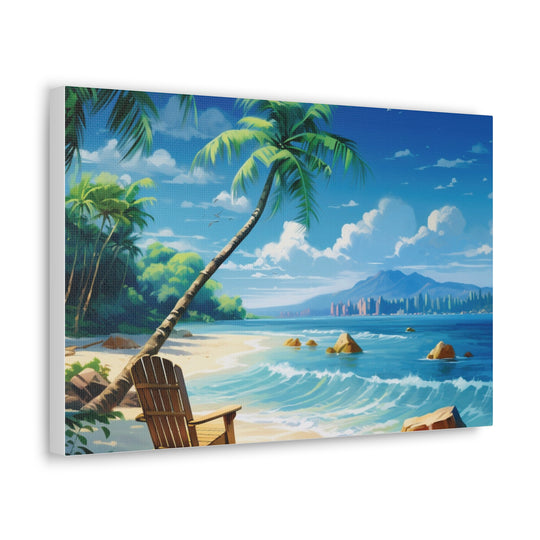 Serenity Shores: Palm Tree & Rocking Chair Canvas Art - Relaxation by the Waves