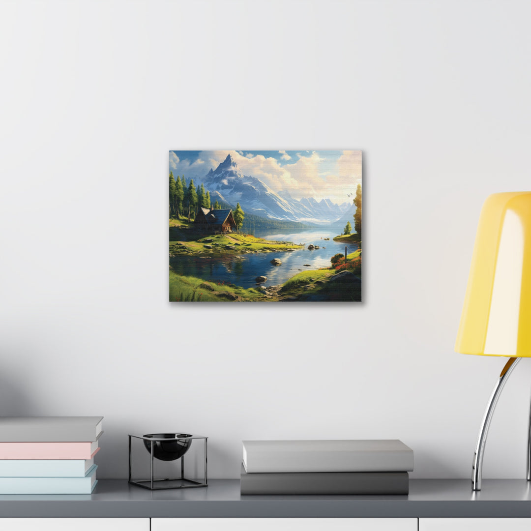 unlit Serenity: Snowy Mountain & River House Canvas Art - Nature’s Tranquil Escape