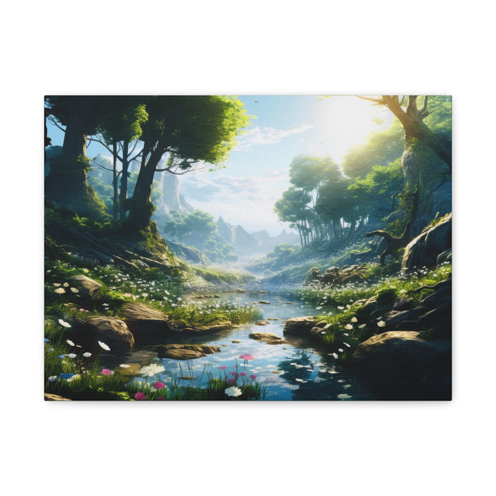 Tranquil River Escape: Stunning Green Trees & Mountain Canvas Art