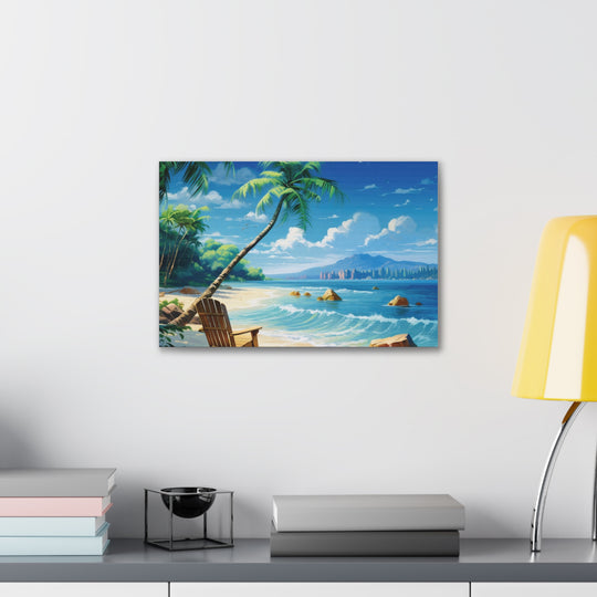 Serenity Shores: Palm Tree & Rocking Chair Canvas Art - Relaxation by the Waves