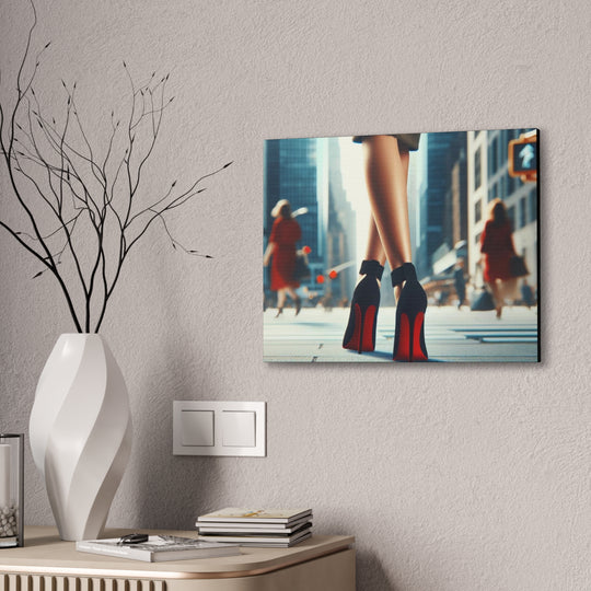 Strut in Style Canvas Art - Woman’s Leg in Red Bottom Heels with Vibrant Downtown Backdrop