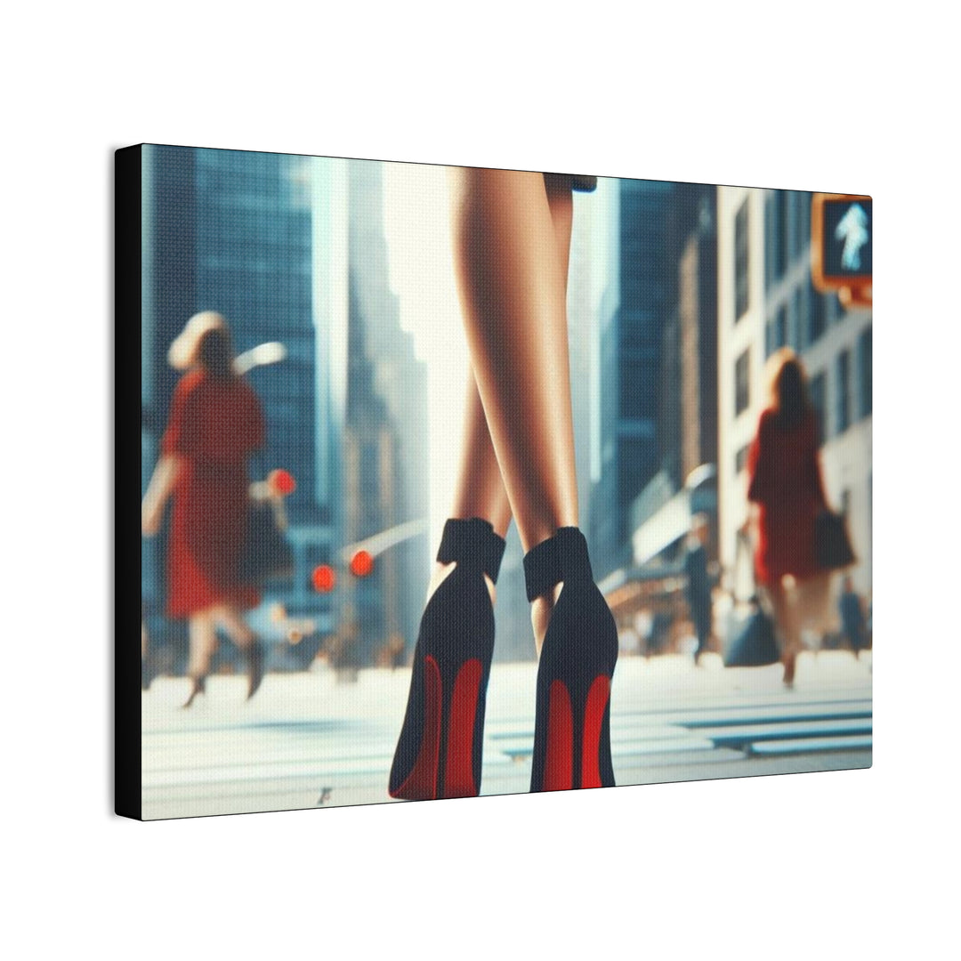 Strut in Style Canvas Art - Woman’s Leg in Red Bottom Heels with Vibrant Downtown Backdrop