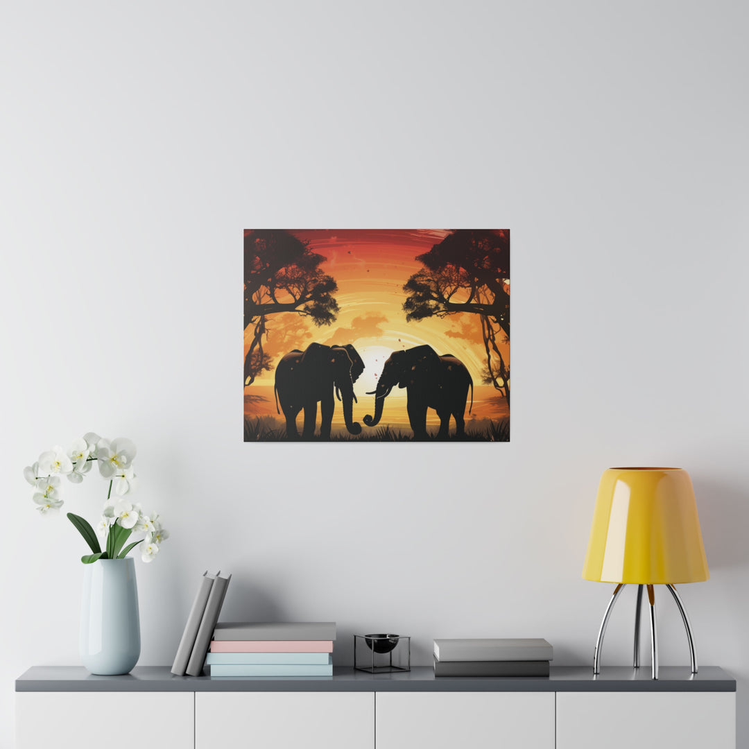 Kissing Elephants at Sunset Canvas Art – Majestic Love in the Wild