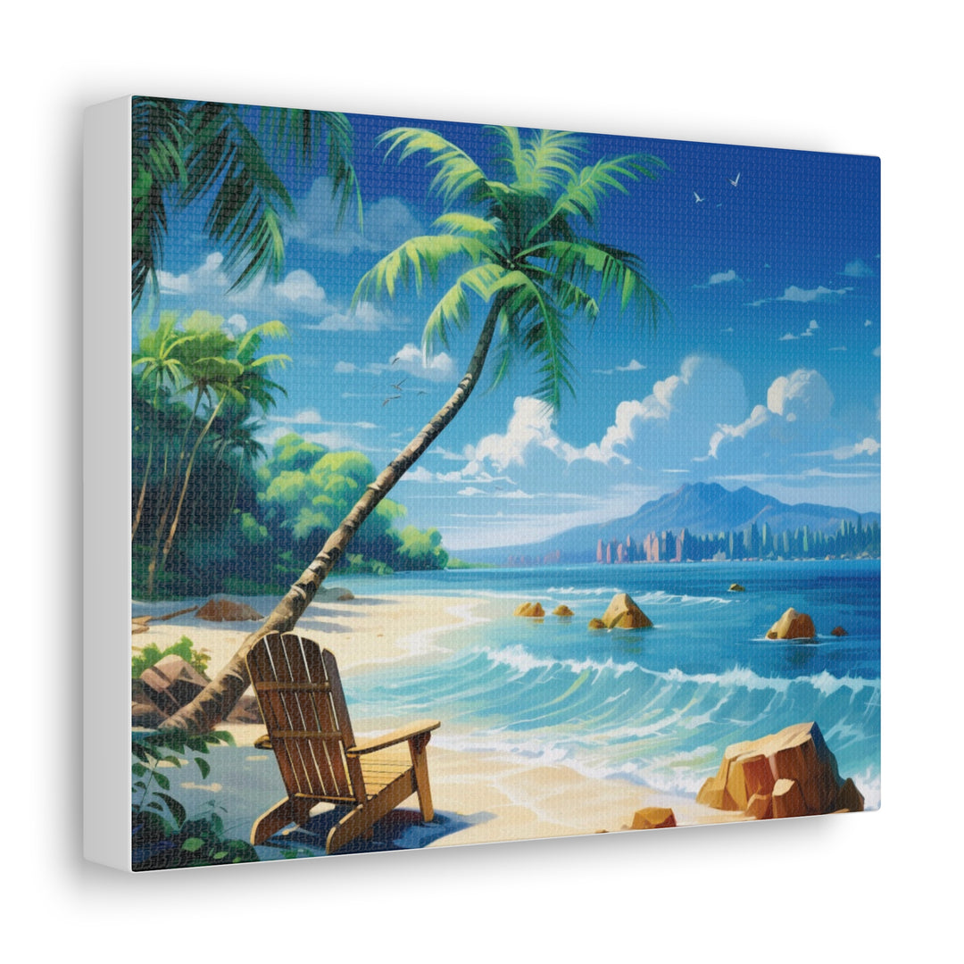 Serenity Shores: Palm Tree & Rocking Chair Canvas Art - Relaxation by the Waves