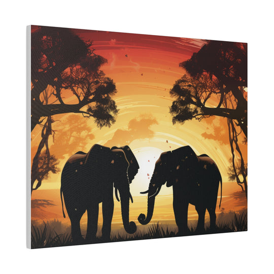 Kissing Elephants at Sunset Canvas Art – Majestic Love in the Wild