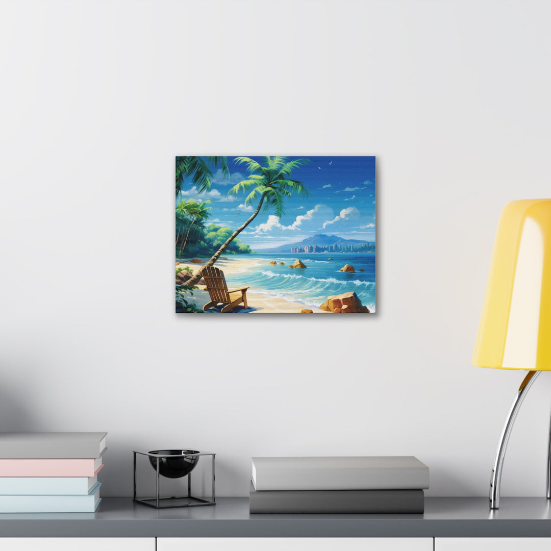 Serenity Shores: Palm Tree & Rocking Chair Canvas Art - Relaxation by the Waves