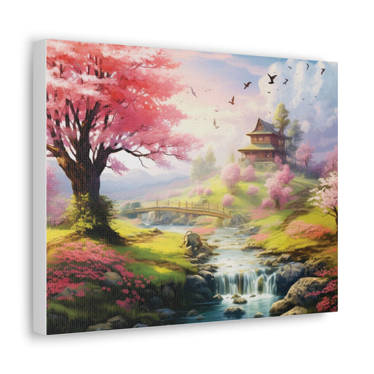 Serenity River Canvas Art – Pink Blossom Tree and Hilltop Retreat