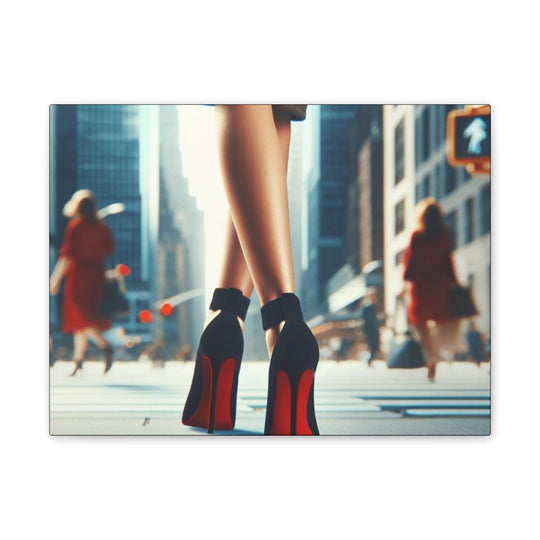 Strut in Style Canvas Art - Woman’s Leg in Red Bottom Heels with Vibrant Downtown Backdrop