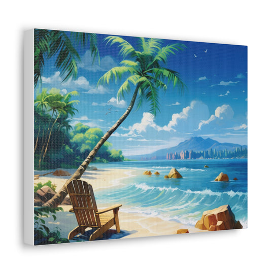 Serenity Shores: Palm Tree & Rocking Chair Canvas Art - Relaxation by the Waves