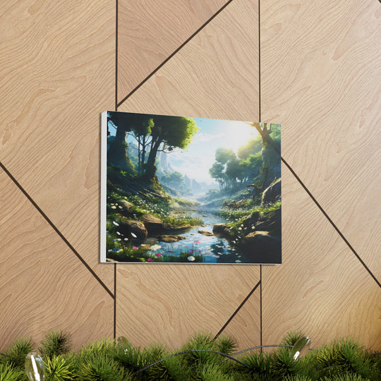 Tranquil River Escape: Stunning Green Trees & Mountain Canvas Art