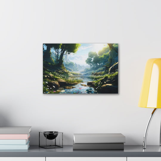 Tranquil River Escape: Stunning Green Trees & Mountain Canvas Art