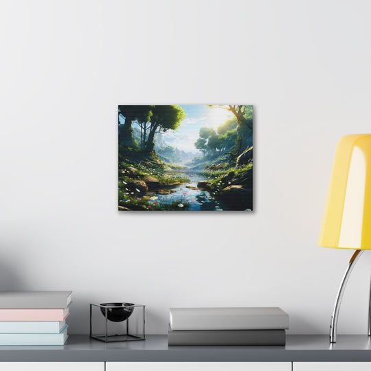 Tranquil River Escape: Stunning Green Trees & Mountain Canvas Art