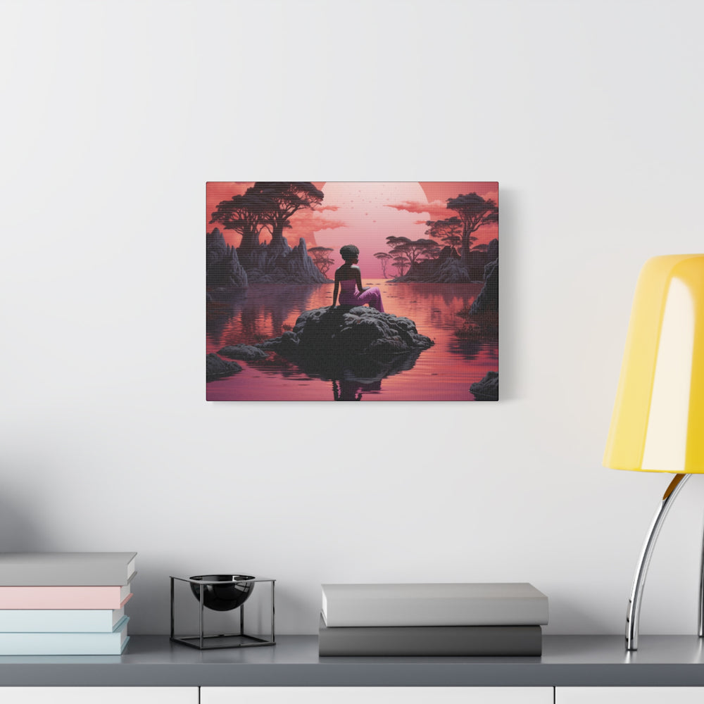 Moonlit Serenity: Captivating Woman Silhouette Canvas – Sunset Reflection Art with Pink Hues