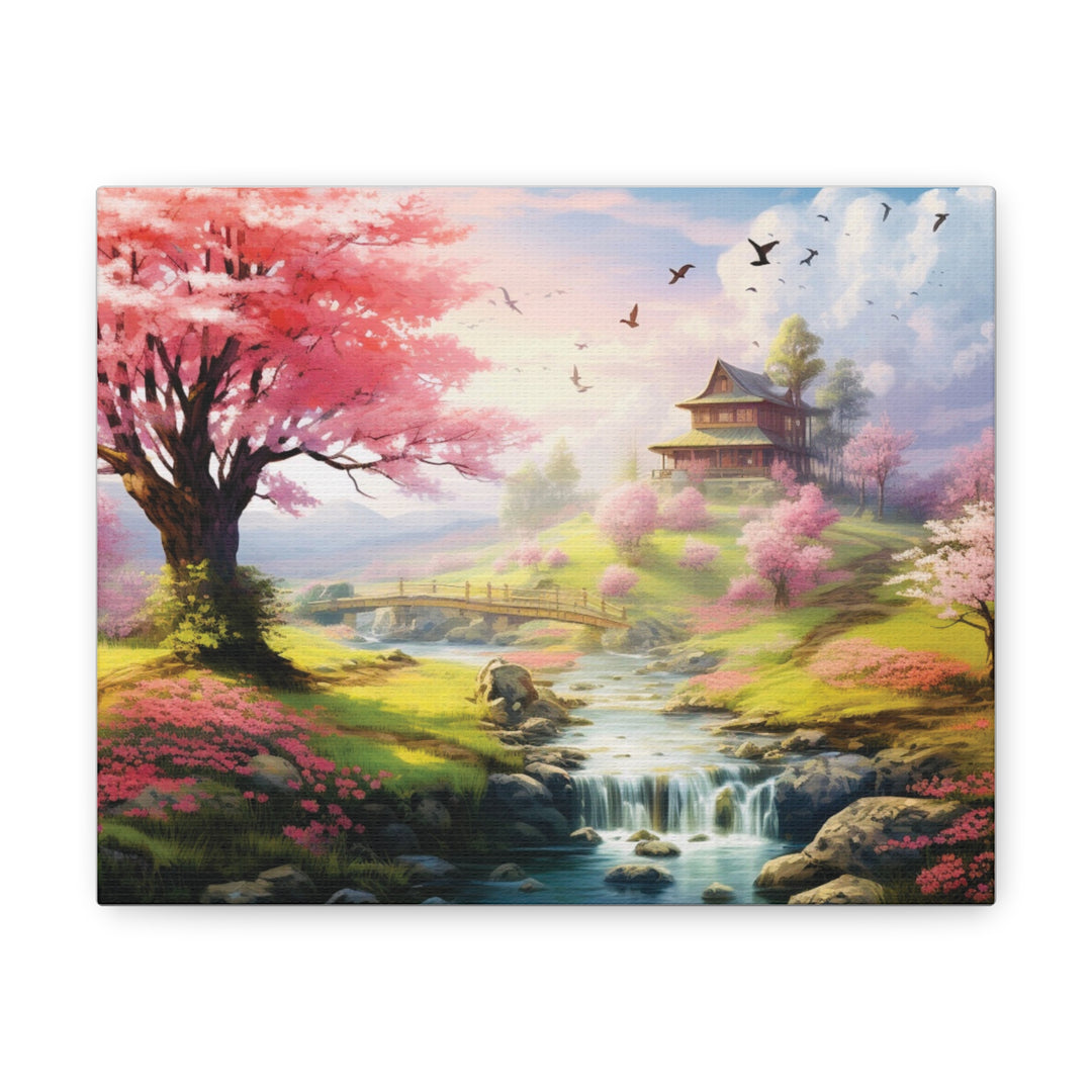 Serenity River Canvas Art – Pink Blossom Tree and Hilltop Retreat