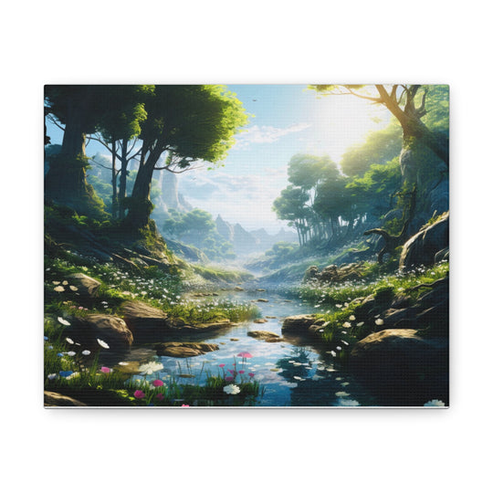 Tranquil River Escape: Stunning Green Trees & Mountain Canvas Art