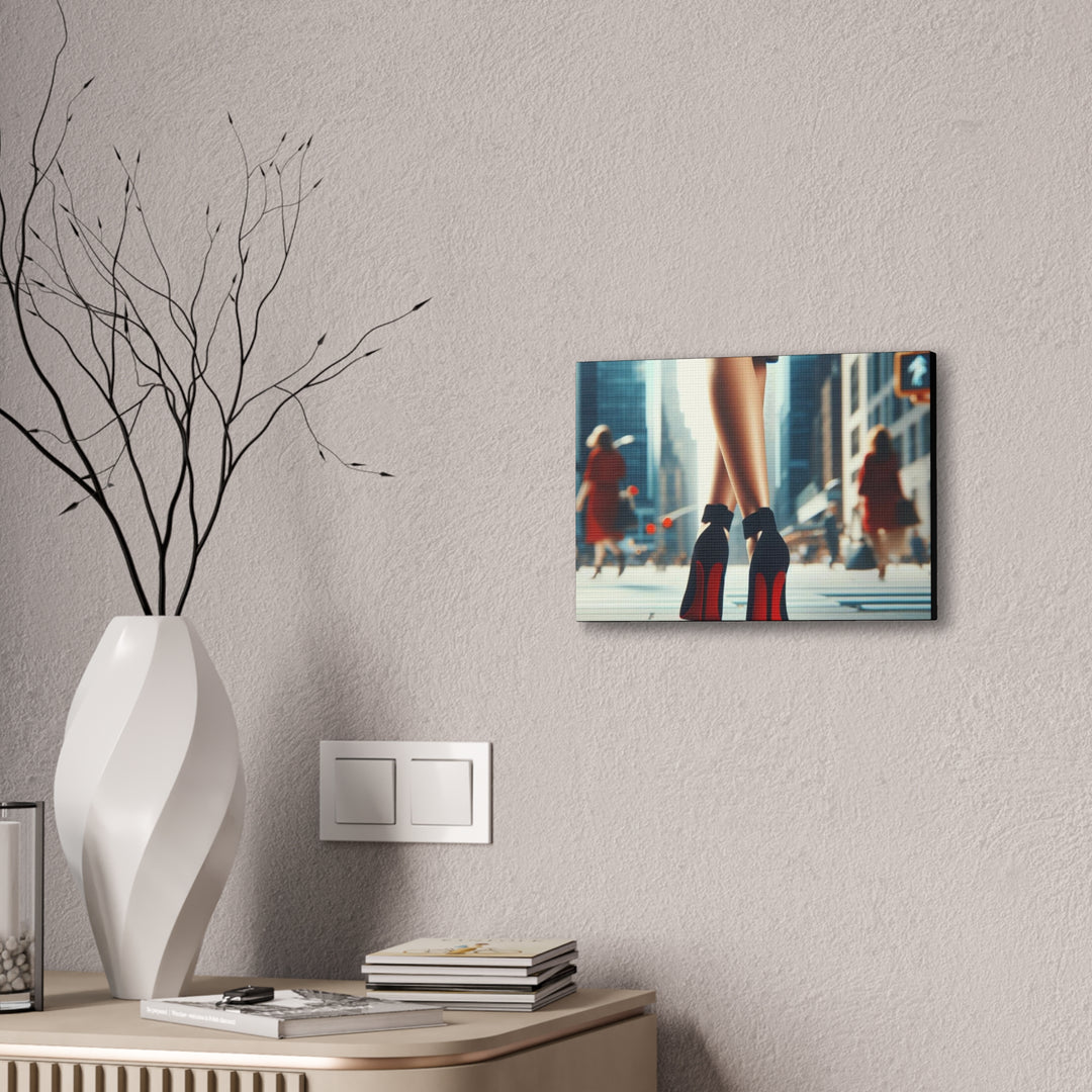 Strut in Style Canvas Art - Woman’s Leg in Red Bottom Heels with Vibrant Downtown Backdrop