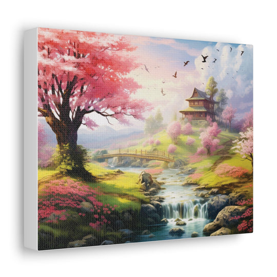 Serenity River Canvas Art – Pink Blossom Tree and Hilltop Retreat