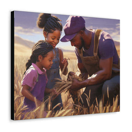 Joyful Moments: African American Father & Daughters in Wheat Field - Art Canvas