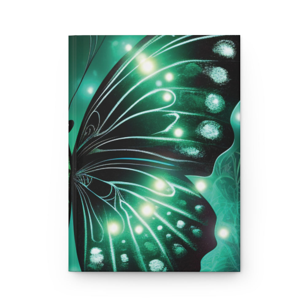 Luminous Butterfly Wing Notebook – Radiant White Lights on Verdant Green for Inspired Journaling