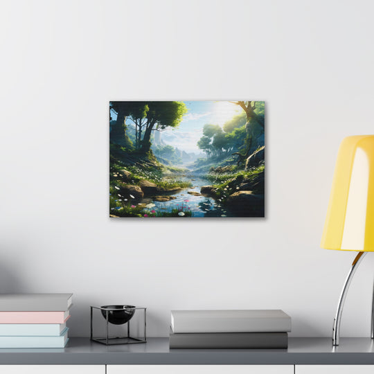 Tranquil River Escape: Stunning Green Trees & Mountain Canvas Art