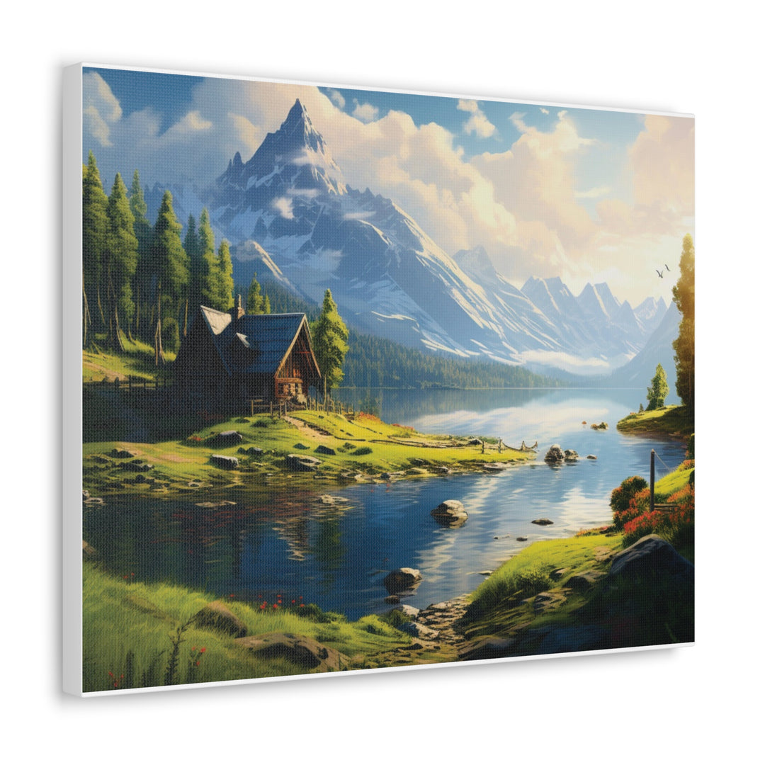 unlit Serenity: Snowy Mountain & River House Canvas Art - Nature’s Tranquil Escape