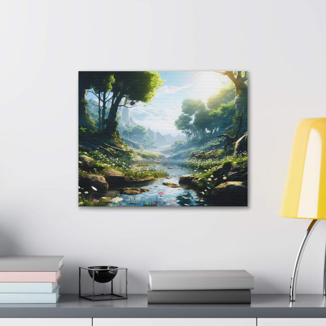 Tranquil River Escape: Stunning Green Trees & Mountain Canvas Art