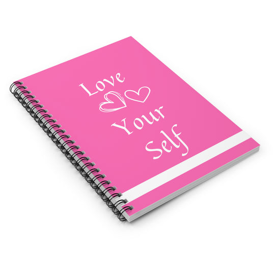 Self-Love Embrace Notebook – 'Love Yourself' Pink & White Design with Heart Accents | 118-Page Ruled Spiral Journal for Daily Inspiration