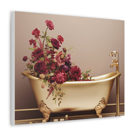 Luxury in Bloom: Golden Tub & Wildflowers Canvas Art – Elegance Meets Nature for a Serene Space