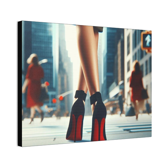 Strut in Style Canvas Art - Woman’s Leg in Red Bottom Heels with Vibrant Downtown Backdrop