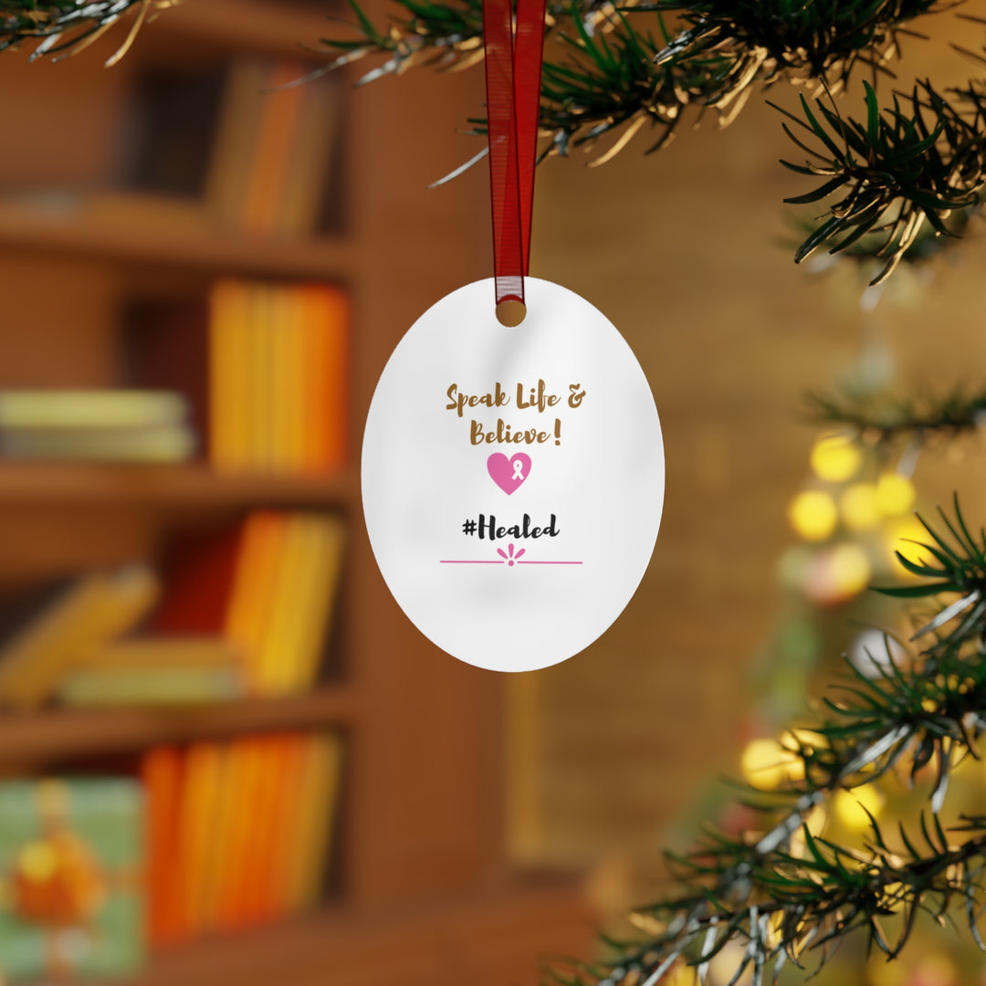 Healed Breast Cancer Awareness Metal Christmas Ornament – Durable, Double-Sided & Glossy Holiday Keepsake