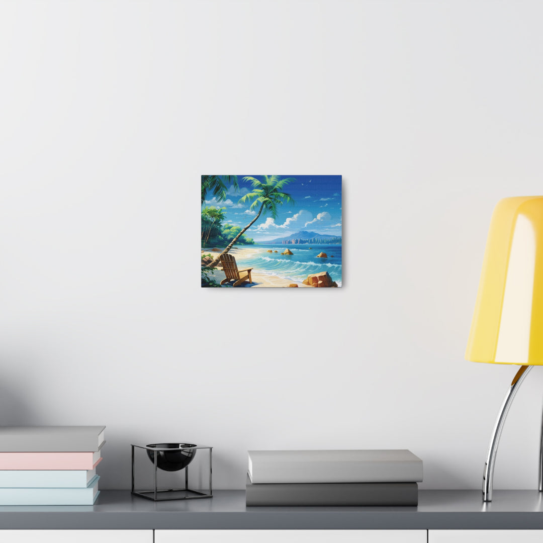 Serenity Shores: Palm Tree & Rocking Chair Canvas Art - Relaxation by the Waves