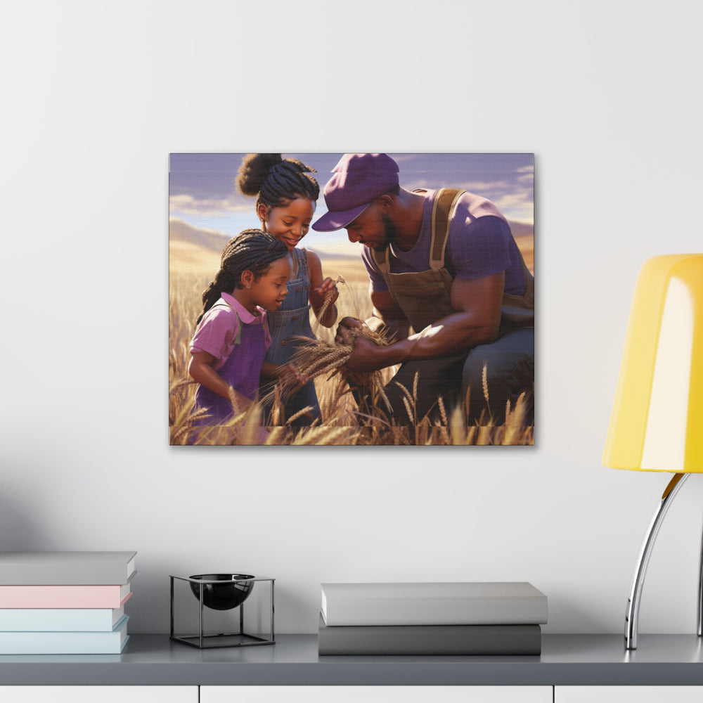 Joyful Moments: African American Father & Daughters in Wheat Field - Art Canvas