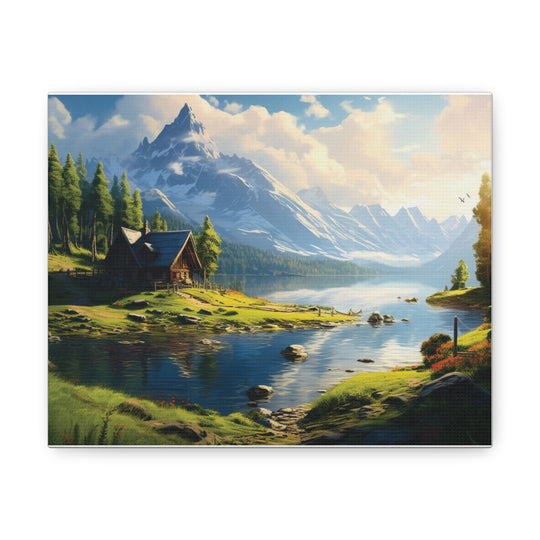 unlit Serenity: Snowy Mountain & River House Canvas Art - Nature’s Tranquil Escape