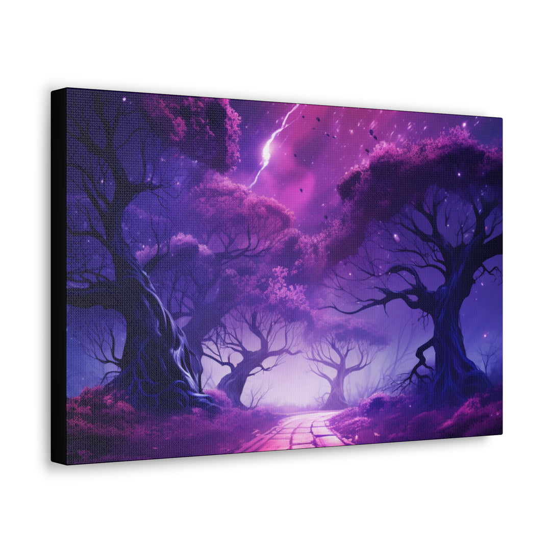 Mystic Shadows: Spooky Forest Canvas Art - Haunting Purple Glow, Perfect for Halloween Décor & Macabre Enthusiasts