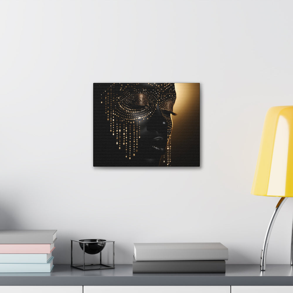 Mystique Elegance Canvas Art – Captivating Woman's Face in Gold Jewel Mask, Stunning Wall Décor for Any Space