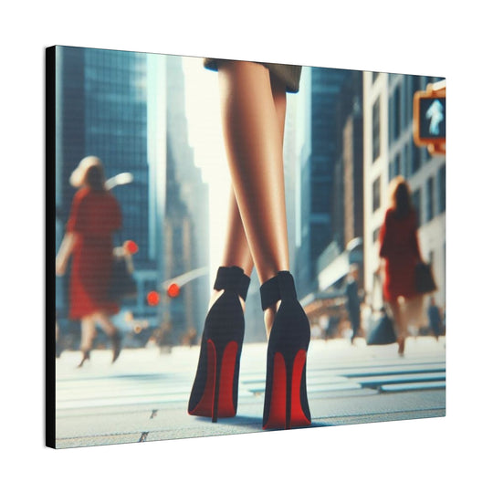 Strut in Style Canvas Art - Woman’s Leg in Red Bottom Heels with Vibrant Downtown Backdrop