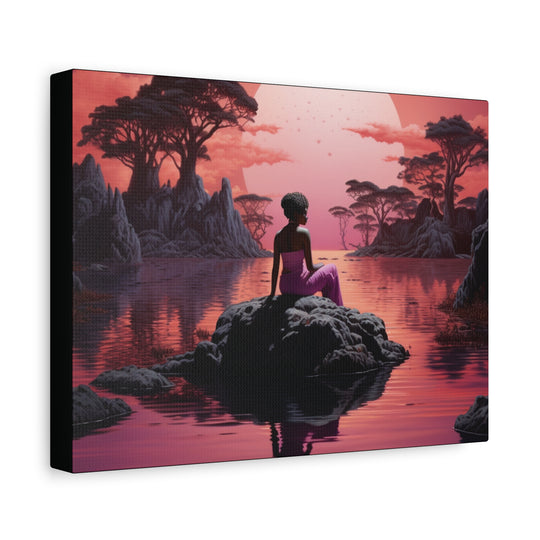 Moonlit Serenity: Captivating Woman Silhouette Canvas – Sunset Reflection Art with Pink Hues