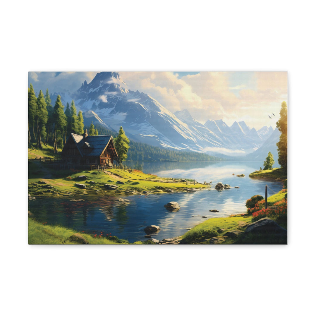 unlit Serenity: Snowy Mountain & River House Canvas Art - Nature’s Tranquil Escape