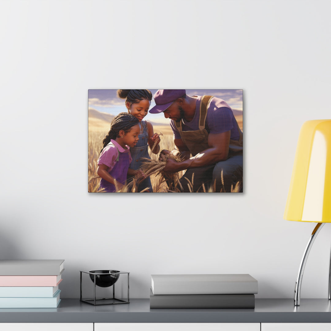 Joyful Moments: African American Father & Daughters in Wheat Field - Art Canvas