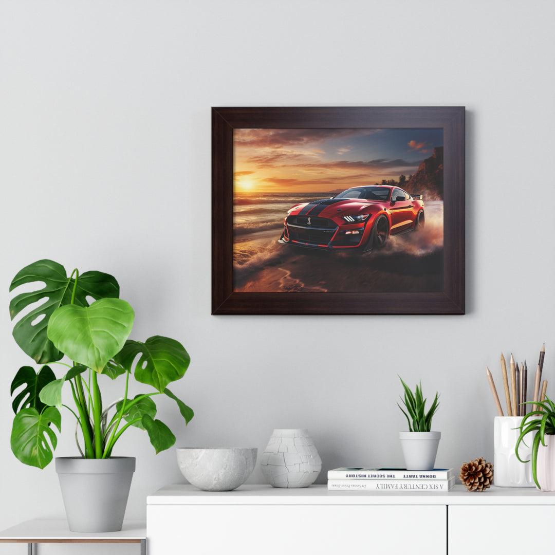 Sunset Blaze: Red Mustang Burnout Beach Framed Poster – Bold Power Meets Coastal Beauty