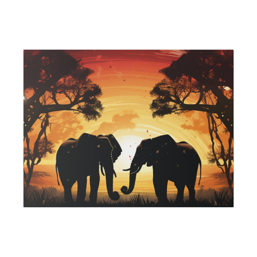 Kissing Elephants at Sunset Canvas Art – Majestic Love in the Wild