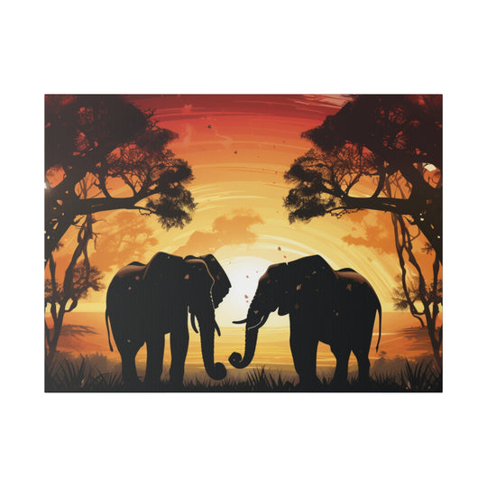 Kissing Elephants at Sunset Canvas Art – Majestic Love in the Wild