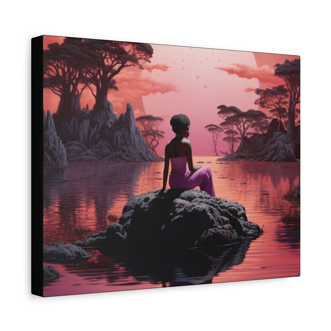 Moonlit Serenity: Captivating Woman Silhouette Canvas – Sunset Reflection Art with Pink Hues