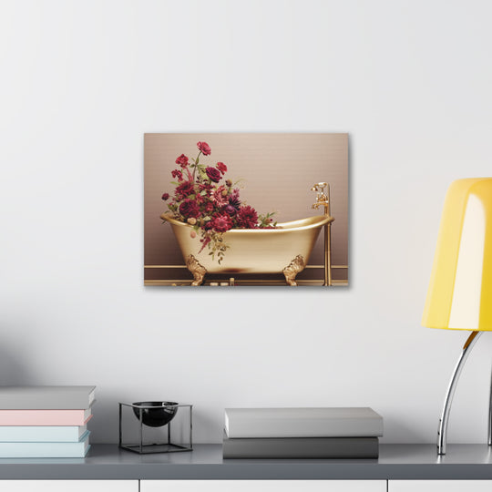 Luxury in Bloom: Golden Tub & Wildflowers Canvas Art – Elegance Meets Nature for a Serene Space