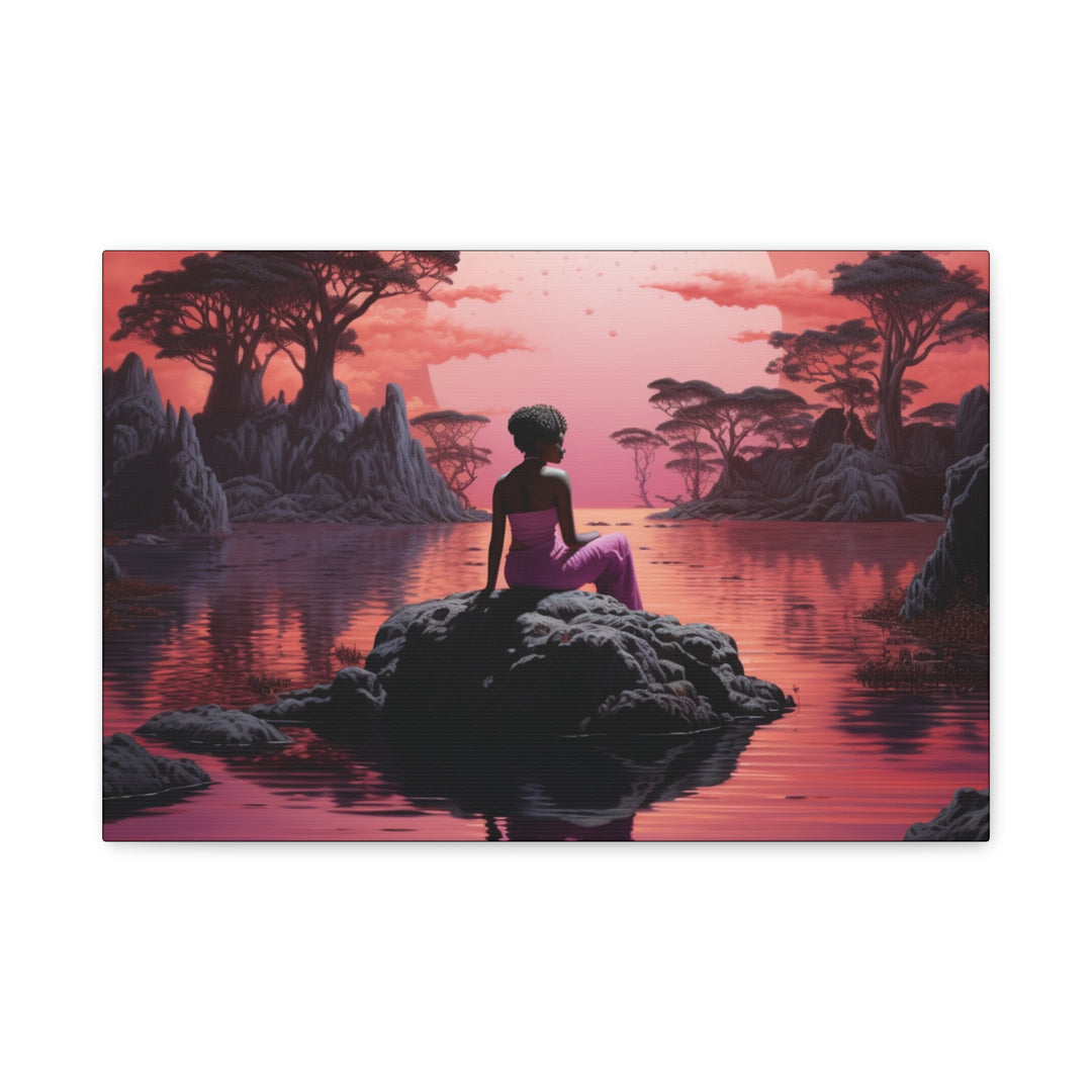 Moonlit Serenity: Captivating Woman Silhouette Canvas – Sunset Reflection Art with Pink Hues